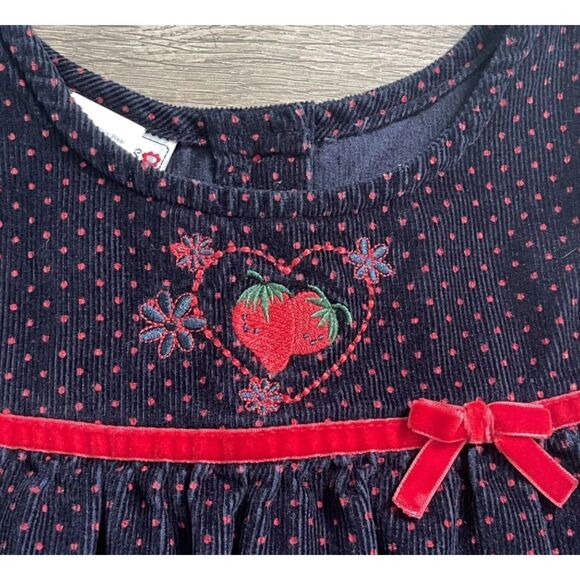 Girls Sz 4 Toddler Embroidered Strawberry & Polka Dot Soft Corduroy Cotton Dress - Picture 2 of 3